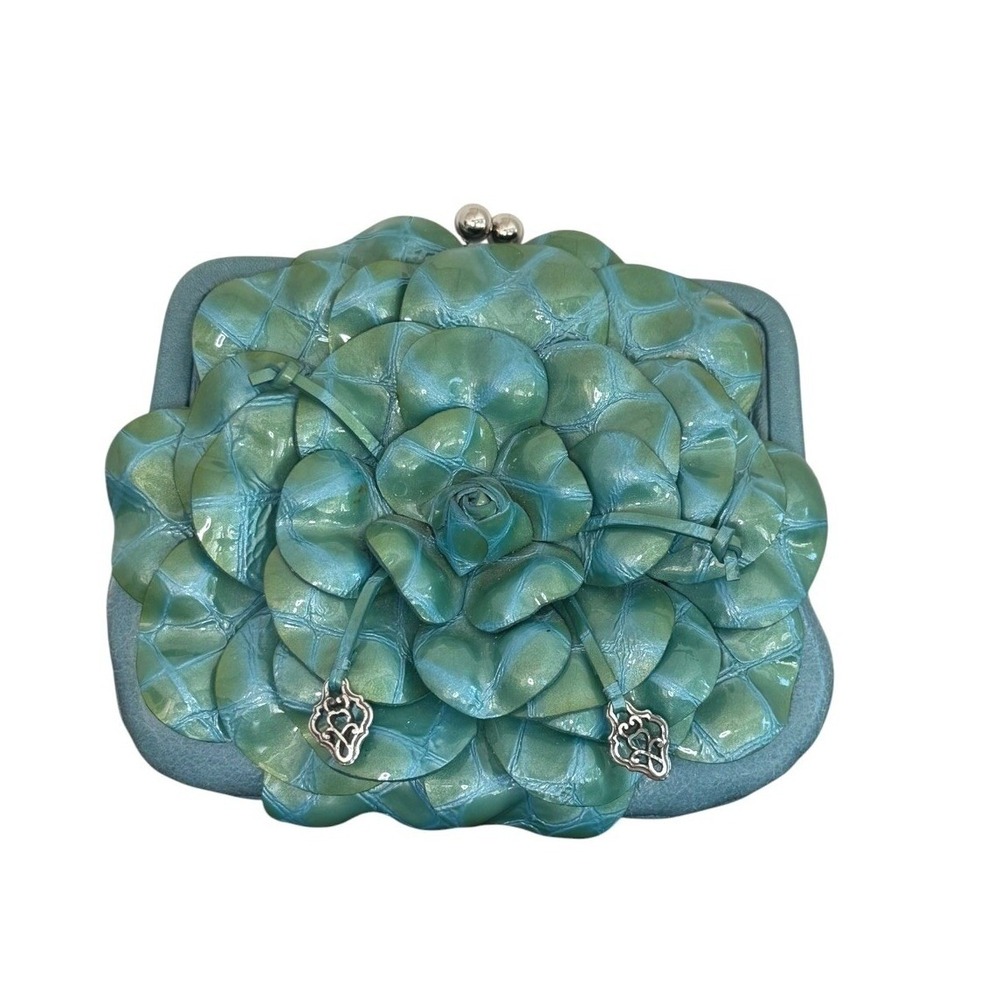 Brighton Rosalie Blue Leather Floral Kiss Lock Convertible Mini Crossbody Wallet